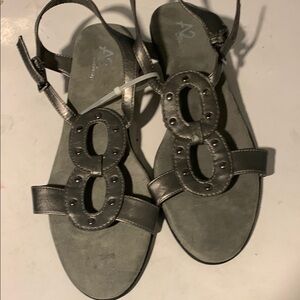 A2 by Aerosoles Metallic Gray Open-Toe Studded T-Strap Sandals